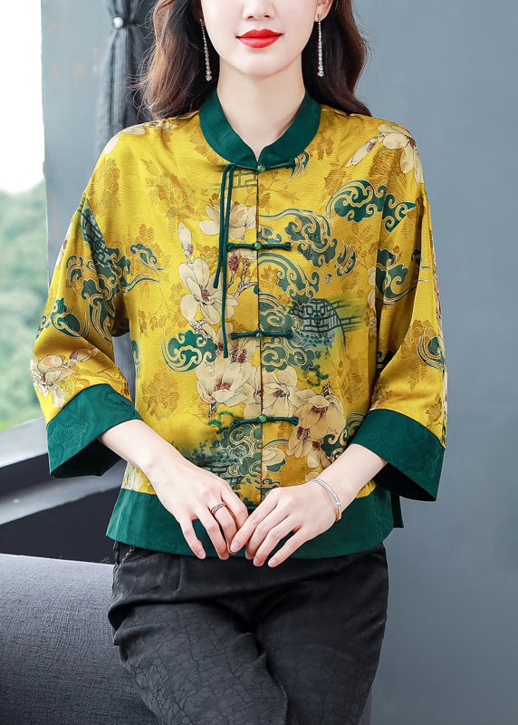 Natural Green Print Button Cozy Silk Coats Spring