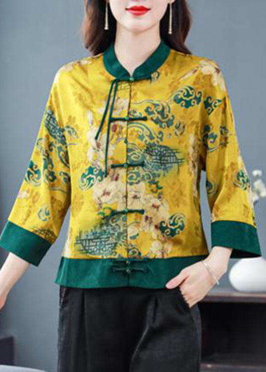 Natural Green Print Button Cozy Silk Coats Spring