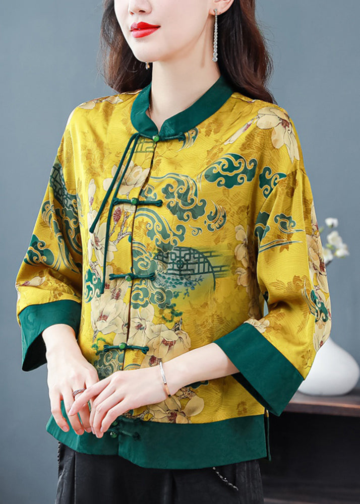 Natural Green Print Button Cozy Silk Coats Spring