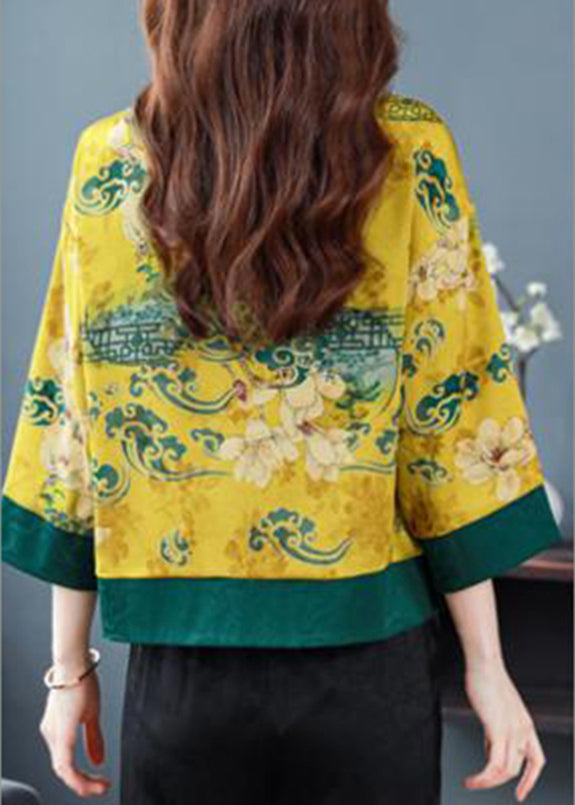 Natural Green Print Button Cozy Silk Coats Spring