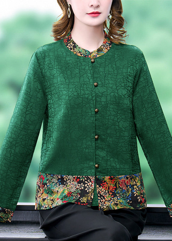 Natural Green Print Patchwork Silk Shirts Long Sleeve