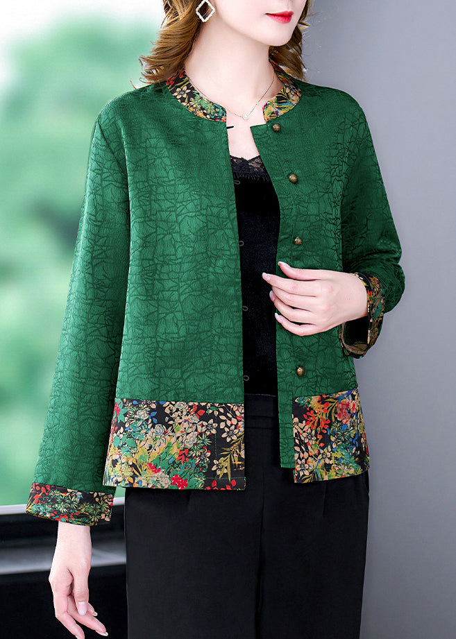 Natural Green Print Patchwork Silk Shirts Long Sleeve