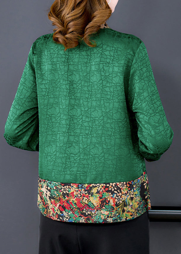 Natural Green Print Patchwork Silk Shirts Long Sleeve