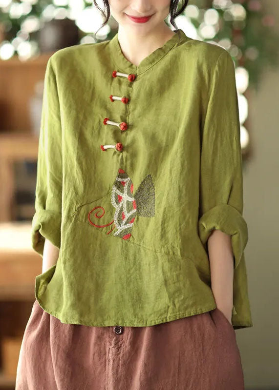 Natural Green Stand Collar Embroideried Patchwork Linen Shirt Long Sleeve