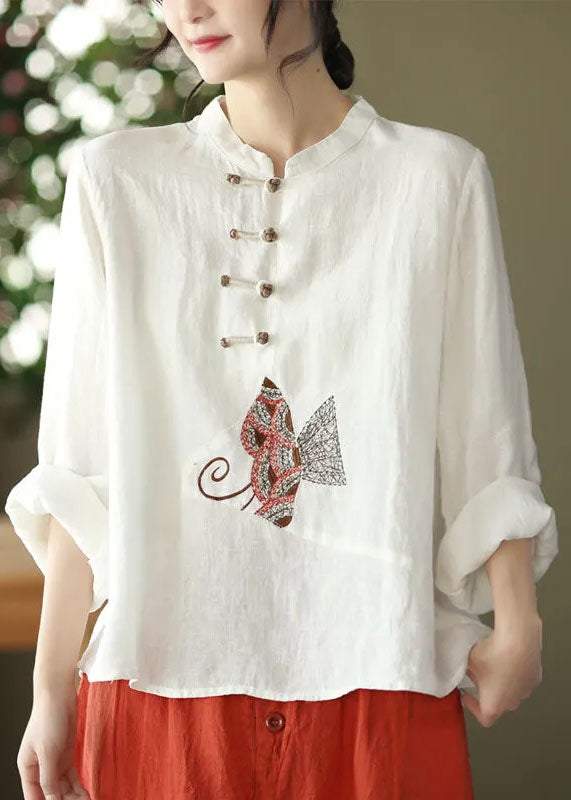 Natural Green Stand Collar Embroideried Patchwork Linen Shirt Long Sleeve