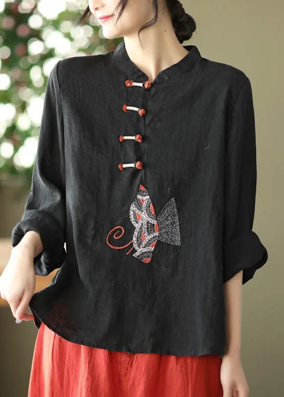 Natural Green Stand Collar Embroideried Patchwork Linen Shirt Long Sleeve