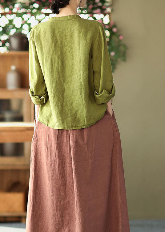 Natural Green Stand Collar Embroideried Patchwork Linen Shirt Long Sleeve