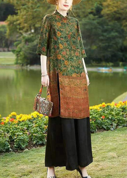 Natural Green Stand Collar Print Shirts And Black Wide Leg Pants Two Pieces Set Spring