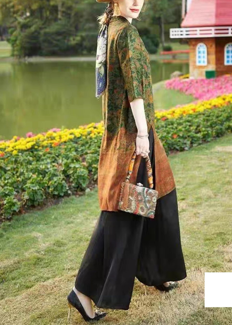 Natural Green Stand Collar Print Shirts And Black Wide Leg Pants Two Pieces Set Spring