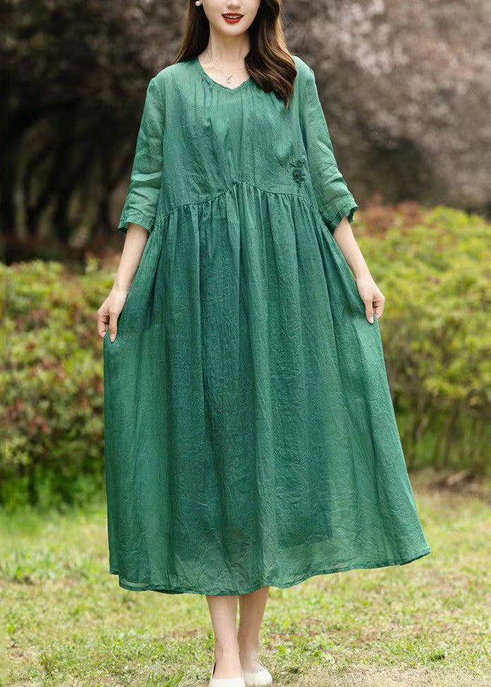 Natural Green V Neck Embroideried Patchwork Linen Dresses Summer