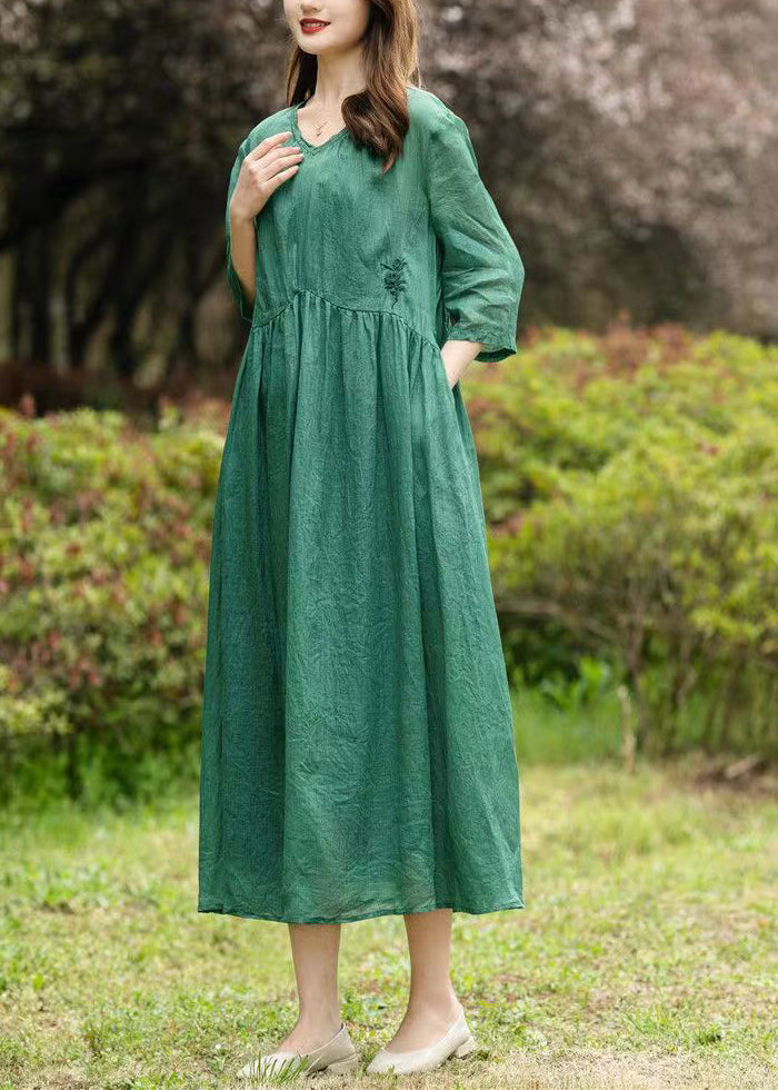 Natural Green V Neck Embroideried Patchwork Linen Dresses Summer