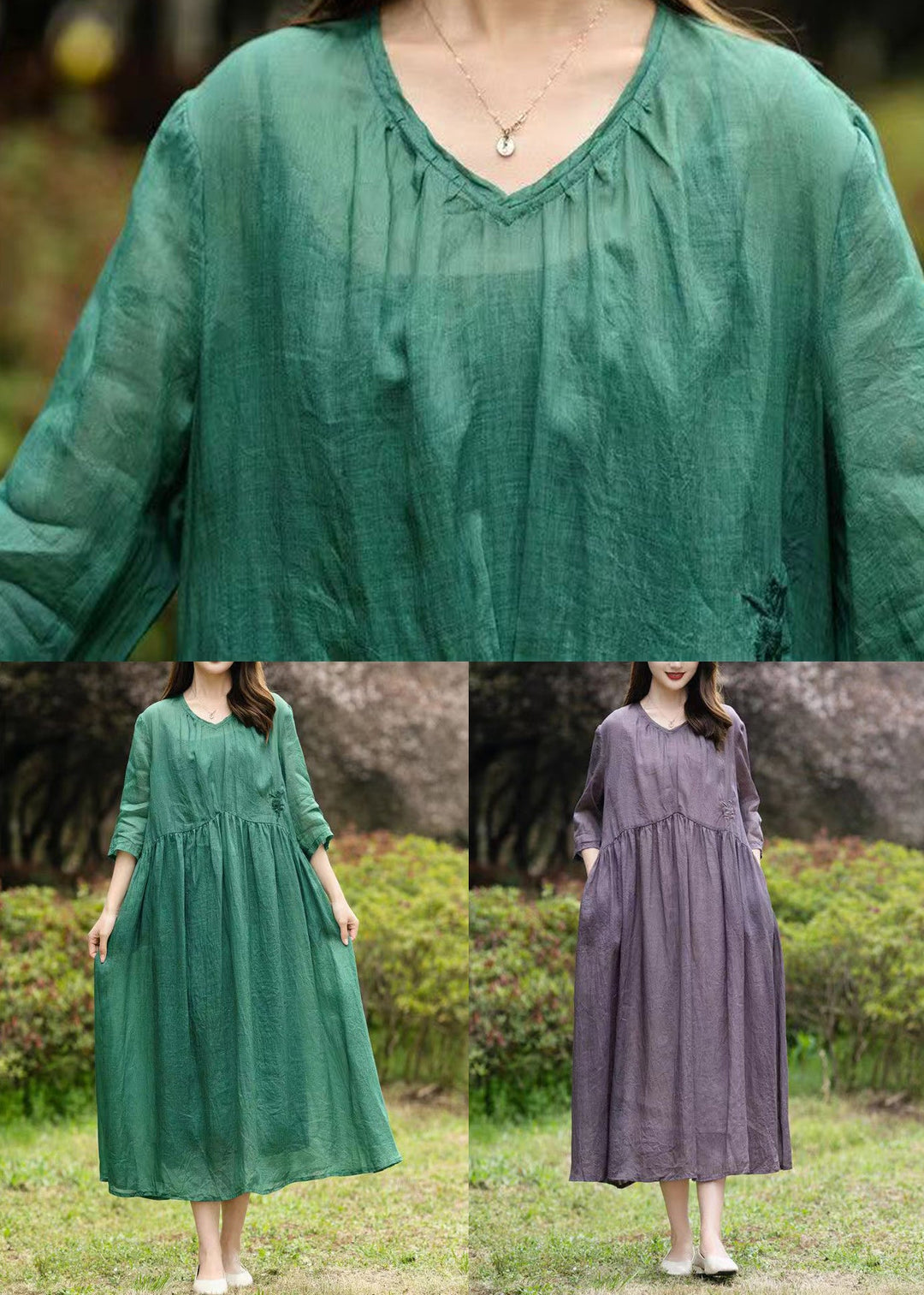 Natural Green V Neck Embroideried Patchwork Linen Dresses Summer