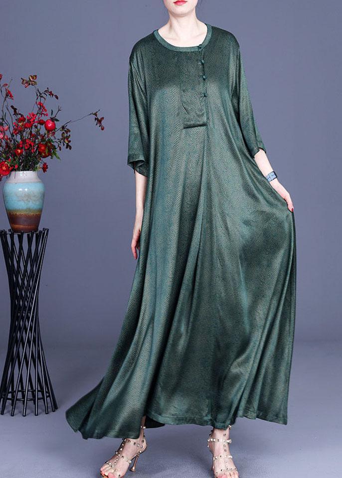 Natural Green Vintage Asymmetrical Button Summer Silk Summer Dresses - Omychic