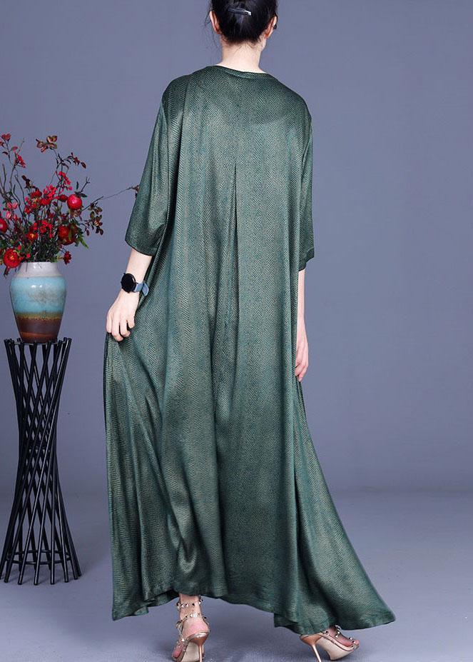 Natural Green Vintage Asymmetrical Button Summer Silk Summer Dresses - Omychic