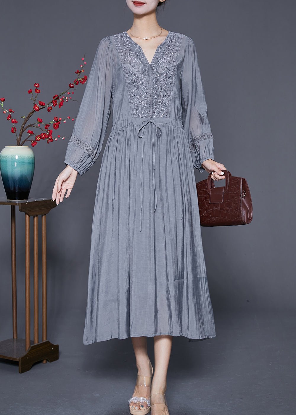 Natural Grey Embroideried Cinched Patchwork Cotton Dresses Summer
