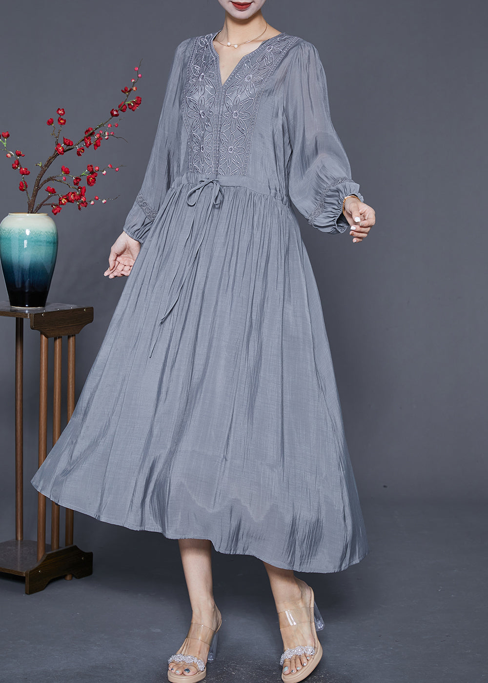 Natural Grey Embroideried Cinched Patchwork Cotton Dresses Summer