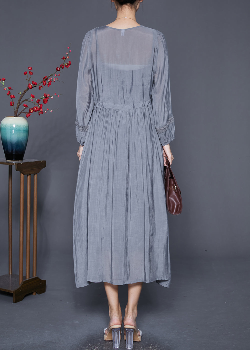 Natural Grey Embroideried Cinched Patchwork Cotton Dresses Summer