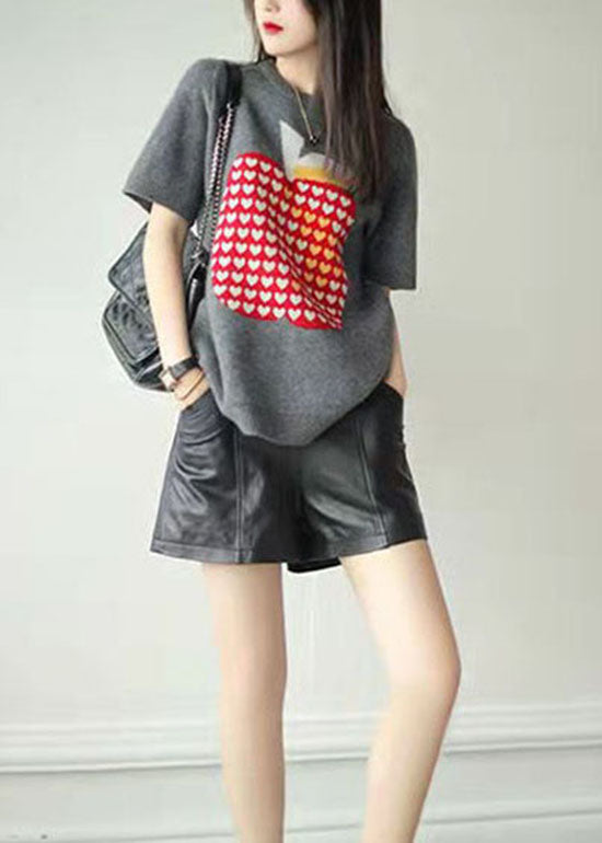 Natural Grey O Neck Jacquard Patchwork Cashmere Sweater Short Sleeve