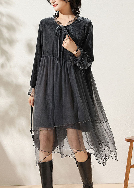 Natural Grey Ruffled Lace Up Patchwork Silk Velour Tulle Dresses Spring