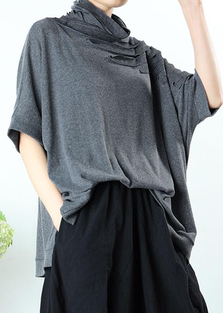 Natural Grey tasseled asymmetrical design Casual Spring Tops Half Sleeve - Omychic