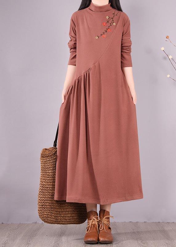 Natural High Neck Cinched Spring Tunic Fabrics Brown Embroidery A Line Dress - Omychic