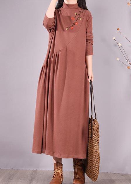Natural High Neck Cinched Spring Tunic Fabrics Brown Embroidery A Line Dress - Omychic