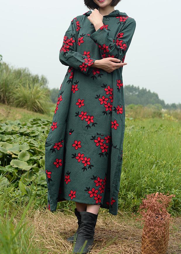 Natural Hooded Spring Clothes For Women Catwalk Green Embroidery Dresses - Omychic