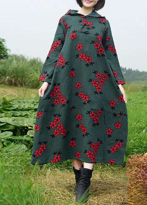 Natural Hooded Spring Clothes For Women Catwalk Green Embroidery Dresses - Omychic