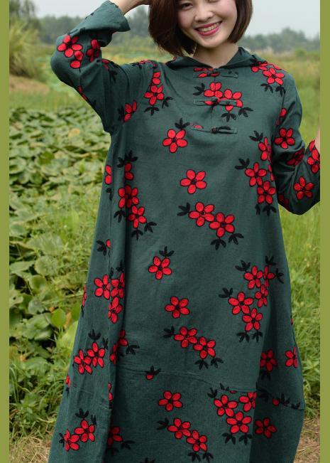 Natural Hooded Spring Clothes For Women Catwalk Green Embroidery Dresses - Omychic