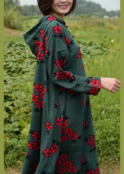 Natural Hooded Spring Clothes For Women Catwalk Green Embroidery Dresses - Omychic