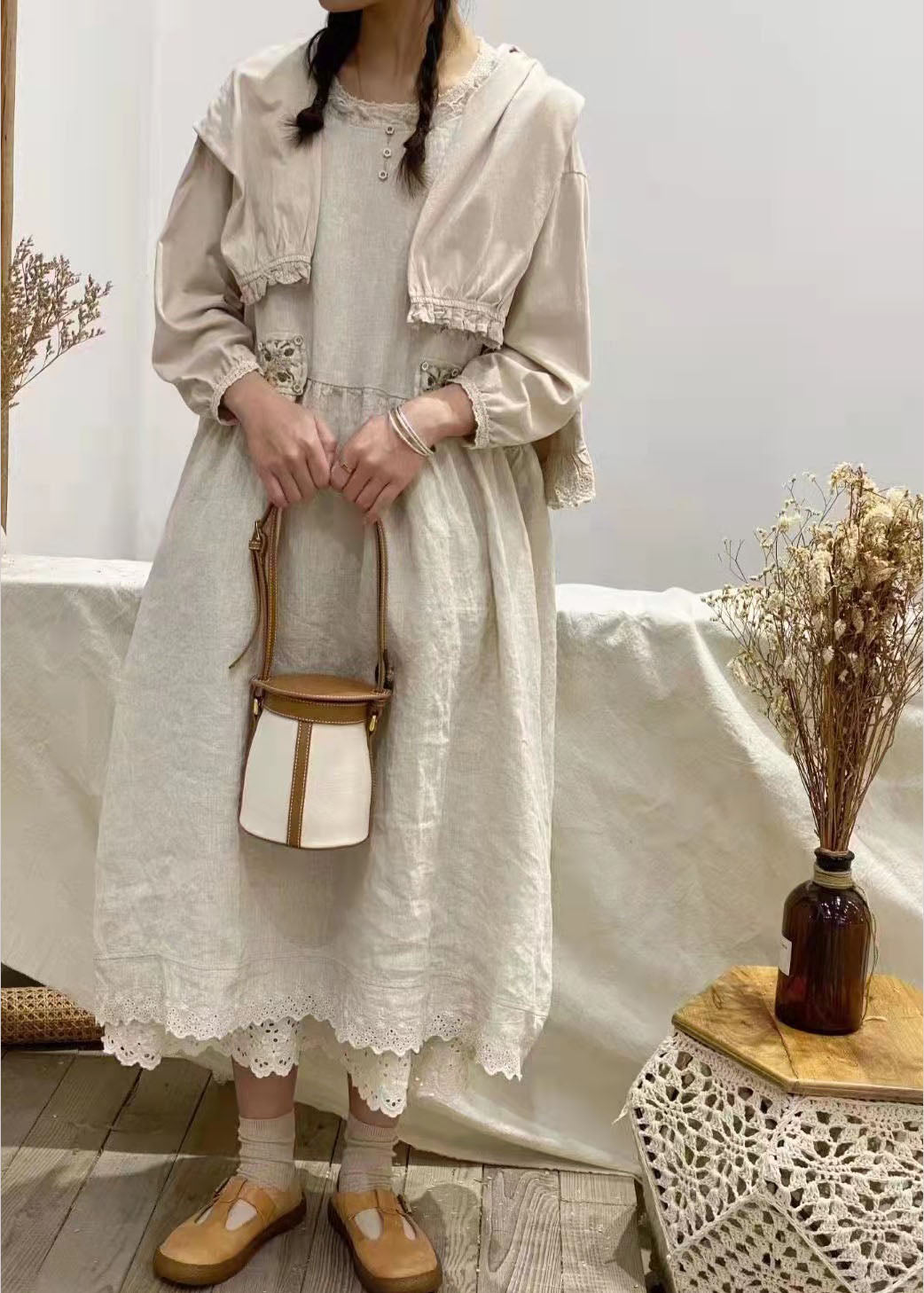 Natural Khaki Backless Patchwork Cotton Dress Spring