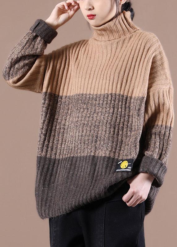 Natural Khaki Colorblock High neck Fall Knit Sweater - Omychic