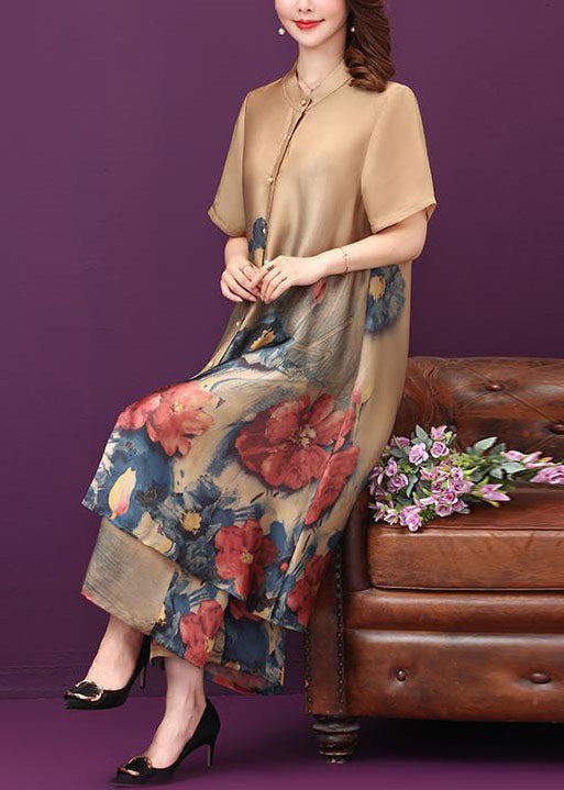 Natural Khaki Stand Collar Print Tops And Pants Silk Two Pieces Set Summer
