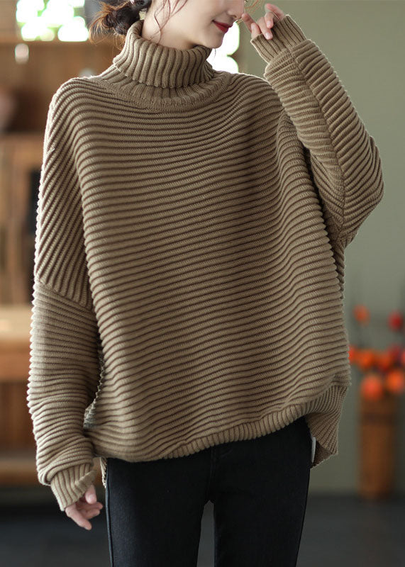 Natural Khaki Turtle Neck Striped Knit Sweater Winter