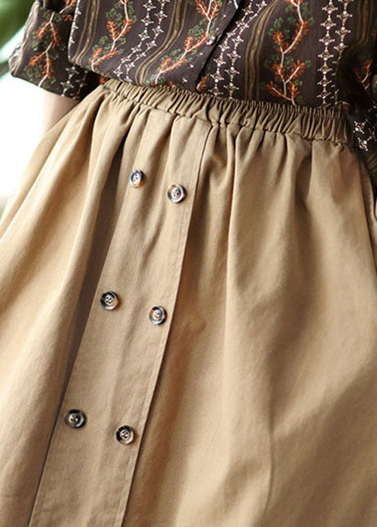 Natural Khaki double breast Cotton A Line Skirts Spring