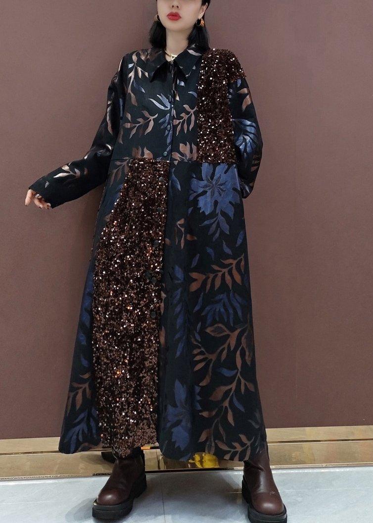 Natural Lapel Patchwork Spring Clothes Fashion Ideas Black Sequined Maxi Dress - Omychic
