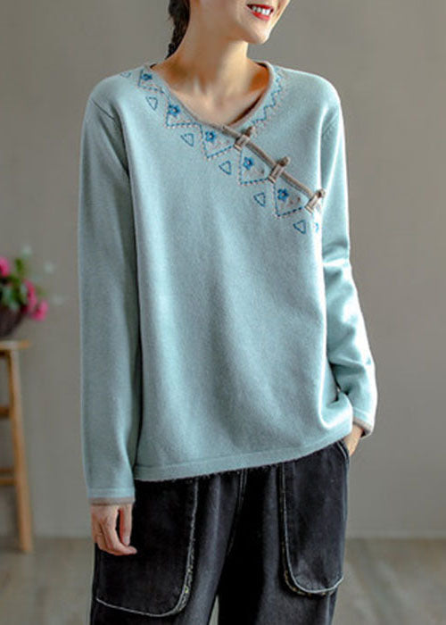 Natural Light Blue Embroideried Oriental Button Wool Knitted Tops Winter