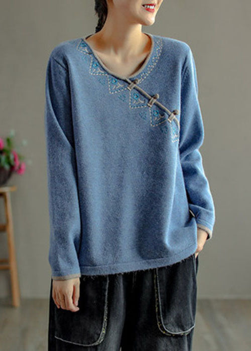 Natural Light Blue Embroideried Oriental Button Wool Knitted Tops Winter