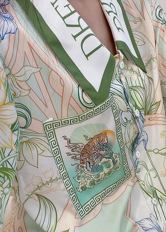 Natural Light Green Peter Pan Collar Print Ice Silk Pajamas Two Pieces Set Spring
