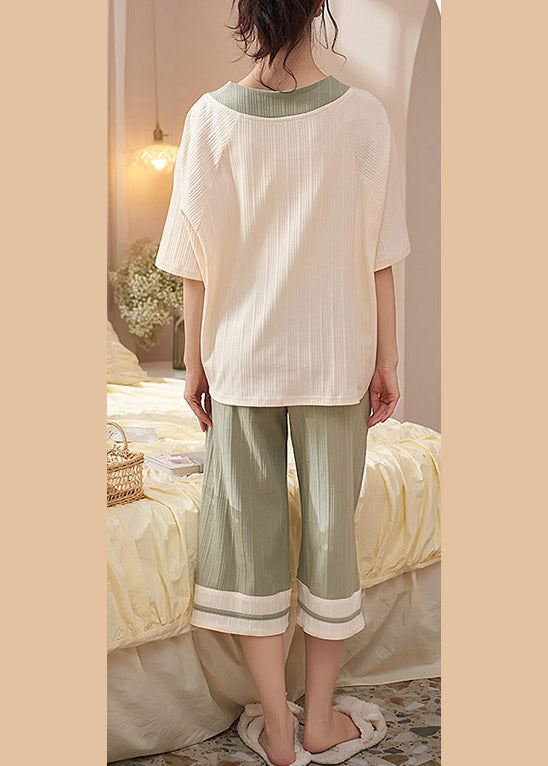 Natural Light Green Square Collar Print Cotton Pajamas Two Pieces Set Summer