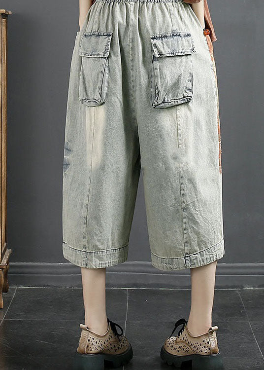 Natural Light Grey Pockets Patchwork Denim Crop Pants Summer