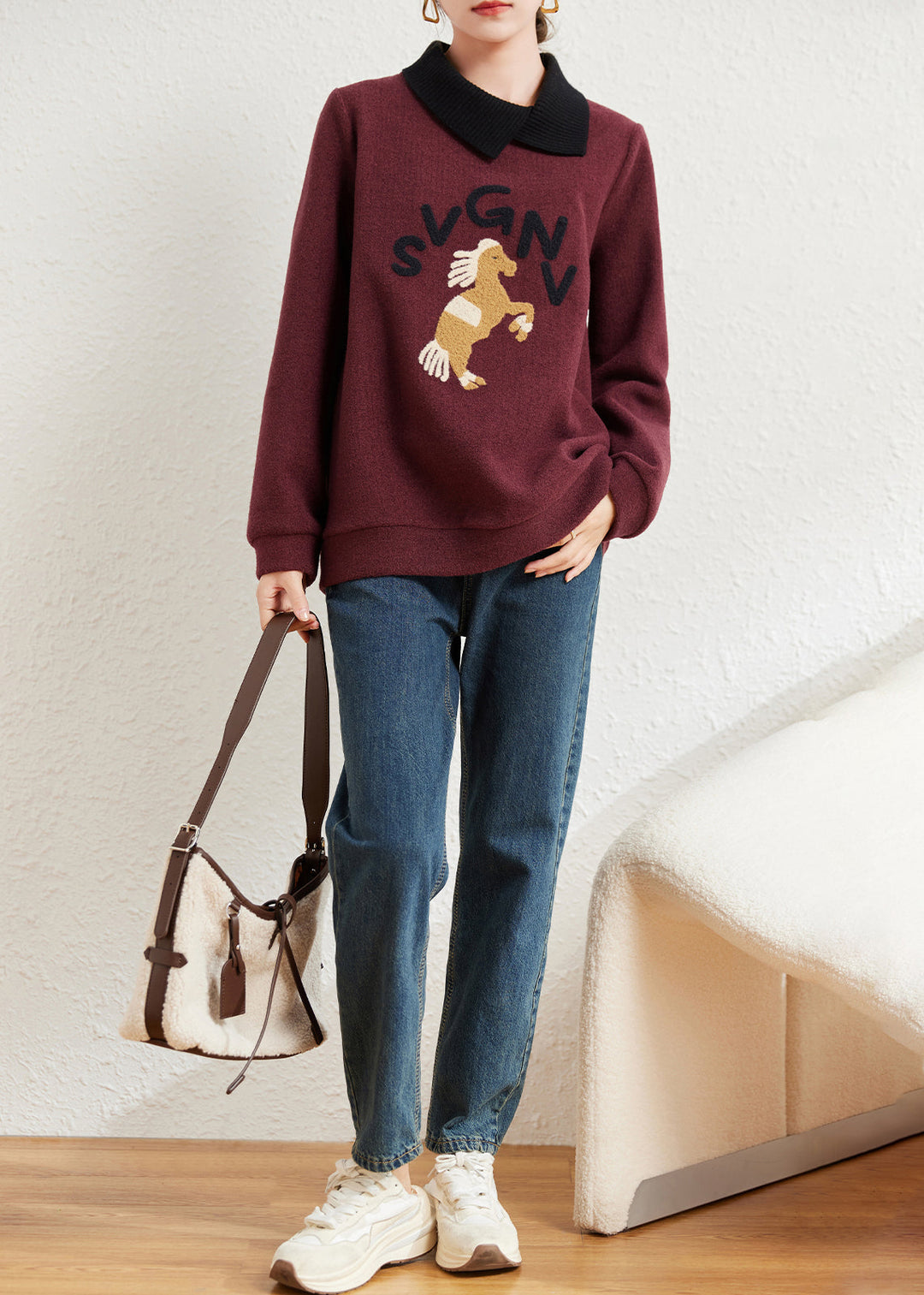 Natural Mulberry Peter Pan Collar Patchwork Horse Cotton Loose Sweatshirts Top Spring