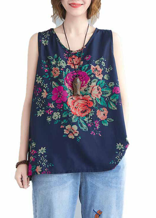 Natural Navy O Neck Print Patchwork Cotton T Shirts Top Sleeveless