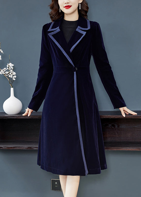 Natural Navy Peter Pan Collar Button Patchwork Velour Trench Coat Fall