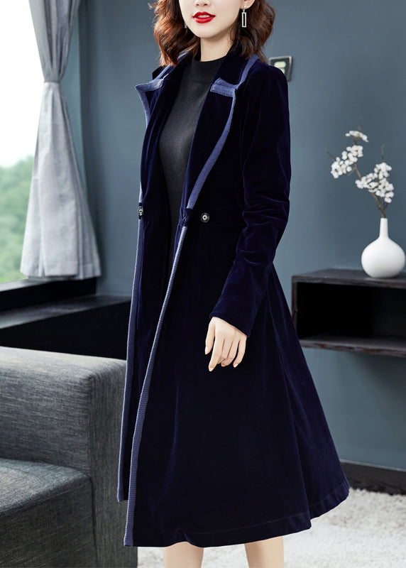 Natural Navy Peter Pan Collar Button Patchwork Velour Trench Coat Fall
