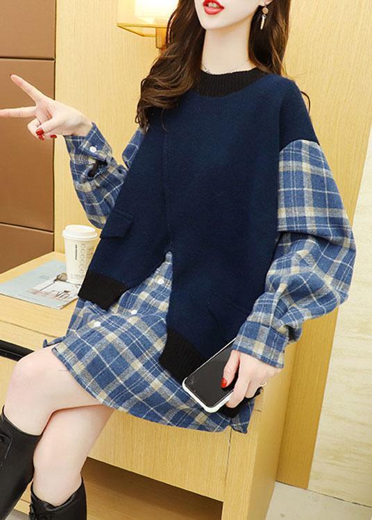 Natural Navy Plaid Patchwork Fall Knit Sweater - Omychic