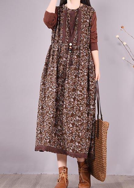Natural O Neck Lace Spring Clothes Design Chocolate Print Maxi Dress - Omychic