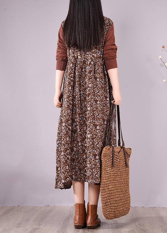 Natural O Neck Lace Spring Clothes Design Chocolate Print Maxi Dress - Omychic