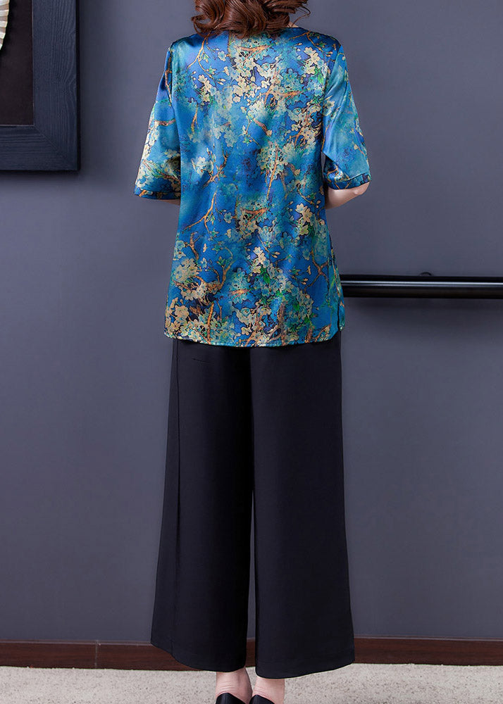 Natural O-Neck Print Silk Top And Wide Leg Pants Two Piece Set Summer