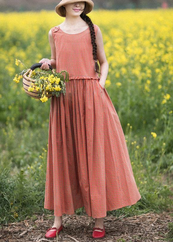 Natural O-Neck Summer Wardrobes Outfits Orange Plaid Sleeveless Dresses - Omychic